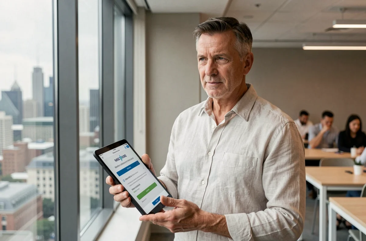 Homme expatrié consultant son espace CRCAFC sur une tablette dans un espace de coworking international avec vue sur la ville