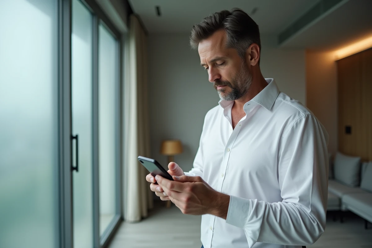 Homme consultant son application de banque privée en ligne sur smartphone dans un appartement contemporain