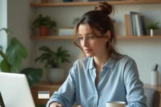 Femme consultant son écran d'ordinateur portable pour activer sa carte virtuelle Virtualis CMB depuis son bureau à domicile