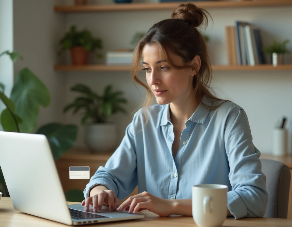 Femme consultant son écran d'ordinateur portable pour activer sa carte virtuelle Virtualis CMB depuis son bureau à domicile