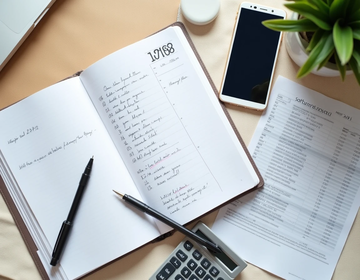 Vue de dessus d'un agenda avec notes manuscrites sur les dates de paye, calculatrice et relevé bancaire pour gérer les retards de virement