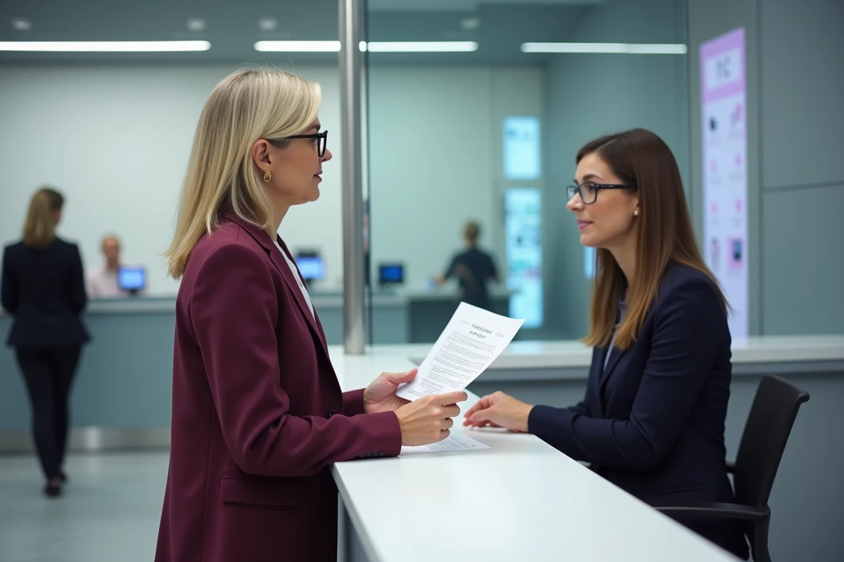 Cliente en agence bancaire Banque Populaire demandant de l'aide pour récupérer son mot de passe Cyberplus