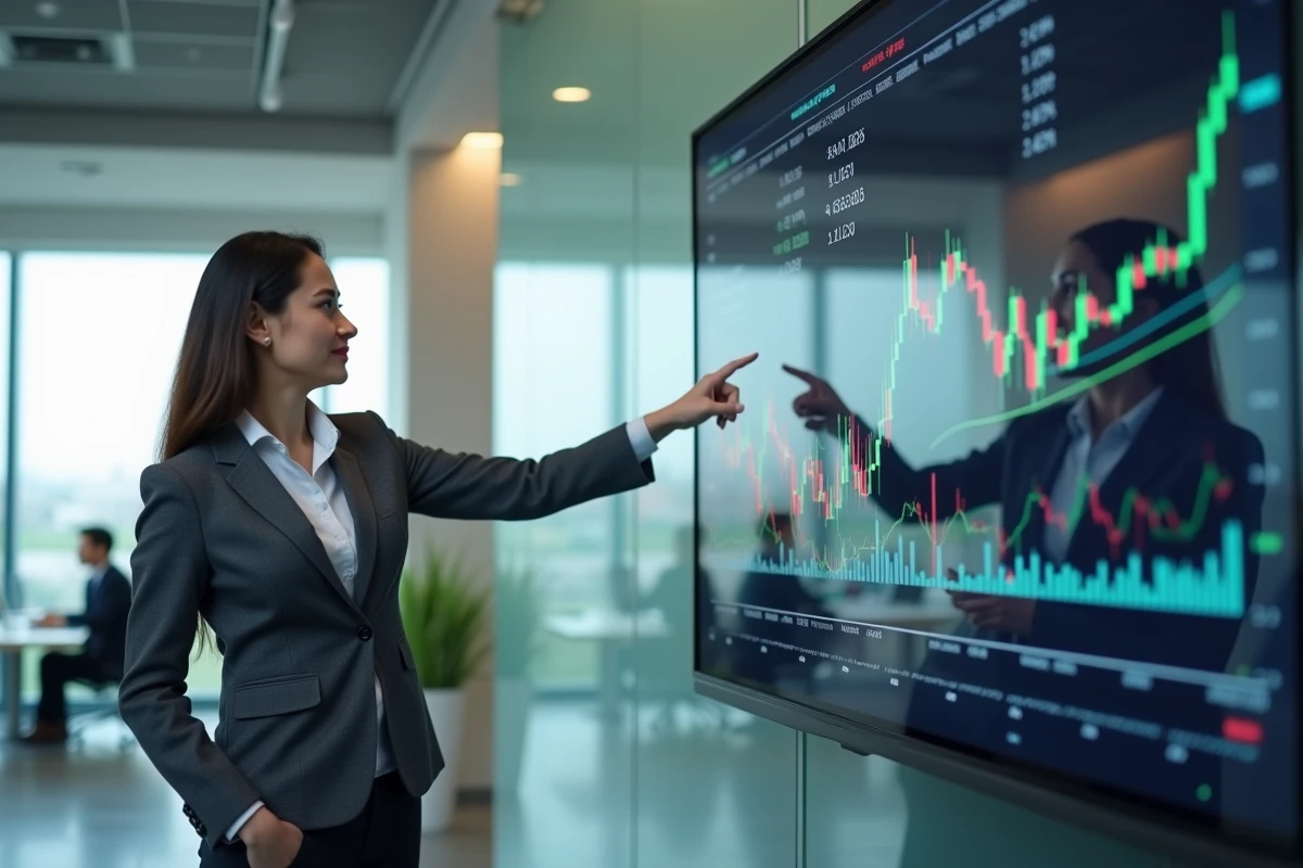 Analyste financière présentant une stratégie de filtrage de signaux sur graphique double bottom dans un bureau moderne