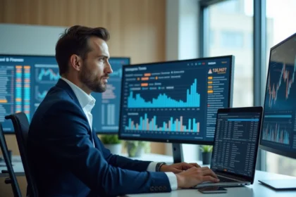 Analyste financier en costume navy surveillant des écrans de données