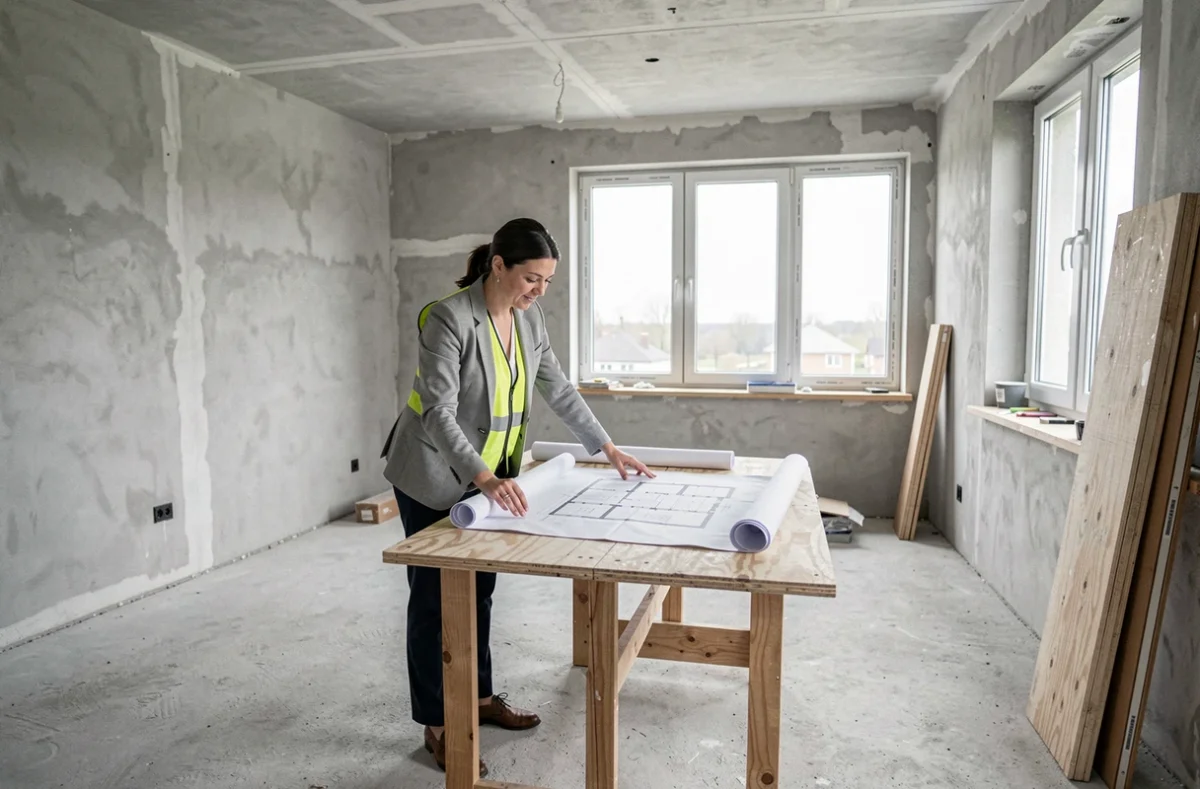 Architecte examinant des plans sur un chantier intérieur en cours de rénovation, dans le cadre d'une expertise liée à la garantie décennale