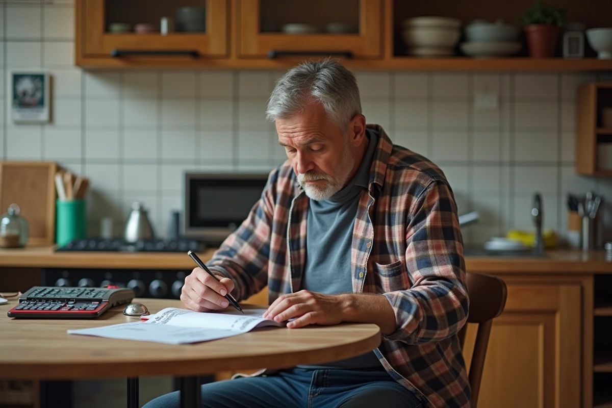 Artisan calculant ses finances à la maison dans une cuisine chaleureuse