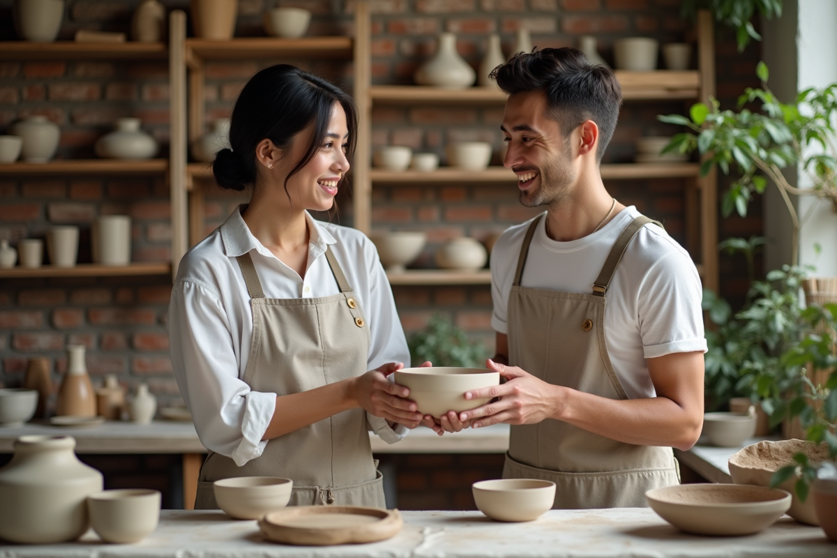 Jeune artisane montrant une bol en céramique à un client dans un atelier chaleureux