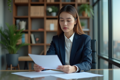 Femme d'affaires en costume bleu dans un bureau moderne