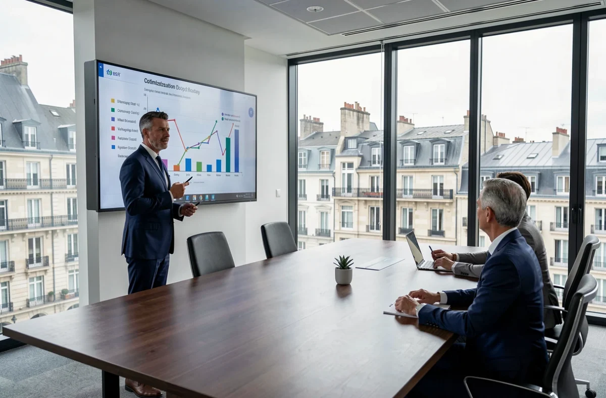 Consultant de Bordeaux Pilotage Conseil présentant une stratégie d'optimisation fiscale à des clients dans une salle de réunion moderne