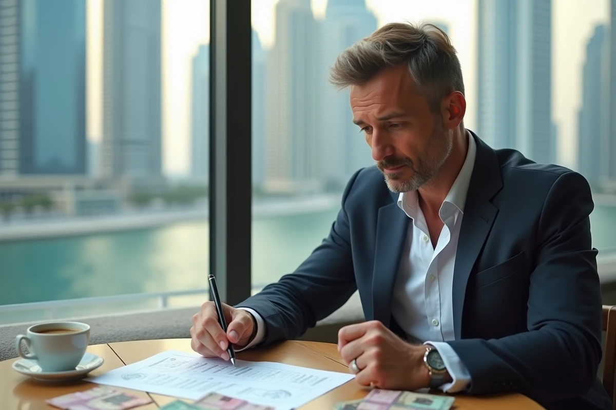 Un homme consultant son budget en dirhams sur une terrasse de café à Dubai Marina