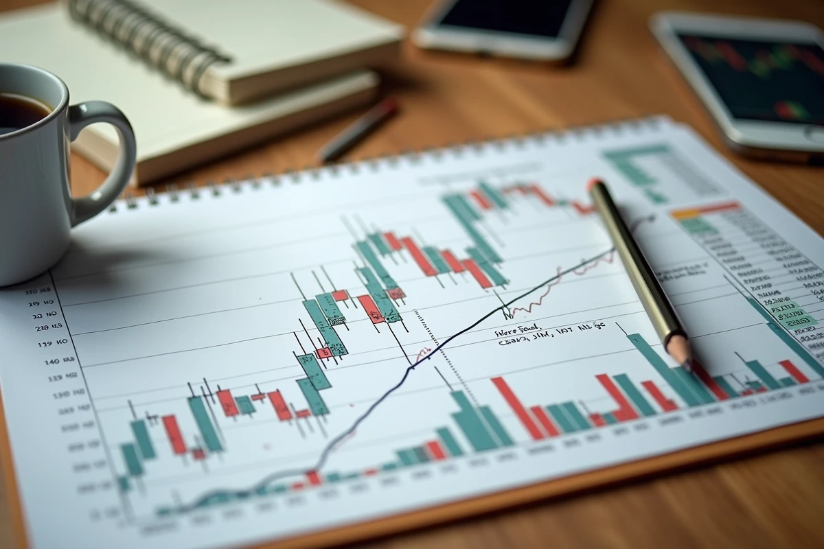 Gros plan aérien d'un bureau de trader avec graphique double bottom annoté à la main et outils d'analyse technique