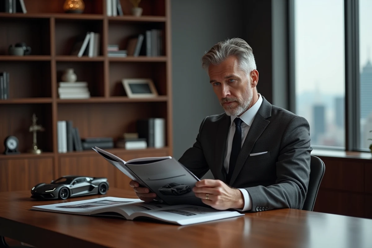 Homme d'affaires en costume gris consultant une brochure de supercar dans un bureau directorial avec modèle réduit de voiture de sport