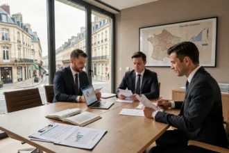 Vue d'ensemble d'un cabinet de défiscalisation en Nouvelle-Aquitaine avec des professionnels en réunion autour de documents fiscaux