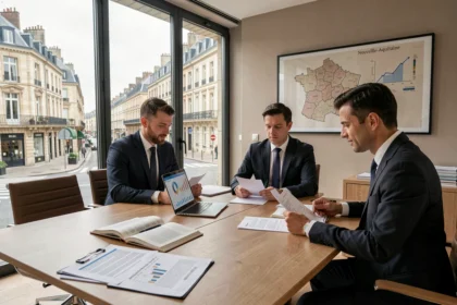 Vue d'ensemble d'un cabinet de défiscalisation en Nouvelle-Aquitaine avec des professionnels en réunion autour de documents fiscaux
