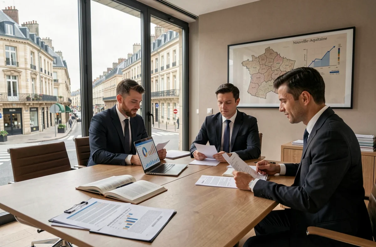 Vue d'ensemble d'un cabinet de défiscalisation en Nouvelle-Aquitaine avec des professionnels en réunion autour de documents fiscaux
