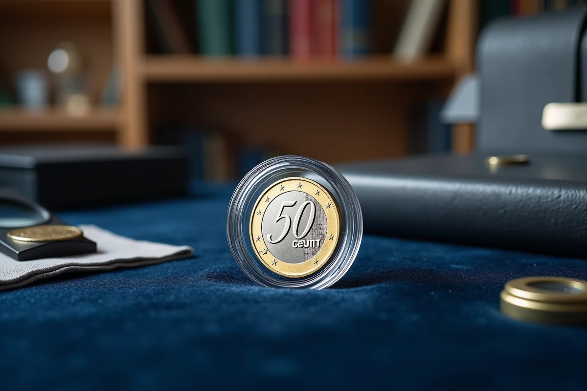 Pièce de 50 centimes rare placée dans une capsule de conservation transparente sur velours bleu