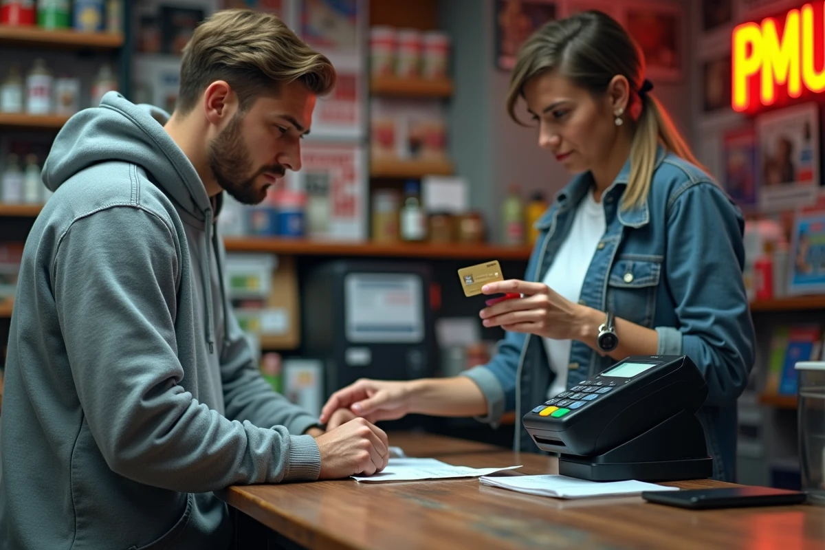 Homme vérifiant sa carte Nickel après un dépôt d'espèces chez le buraliste