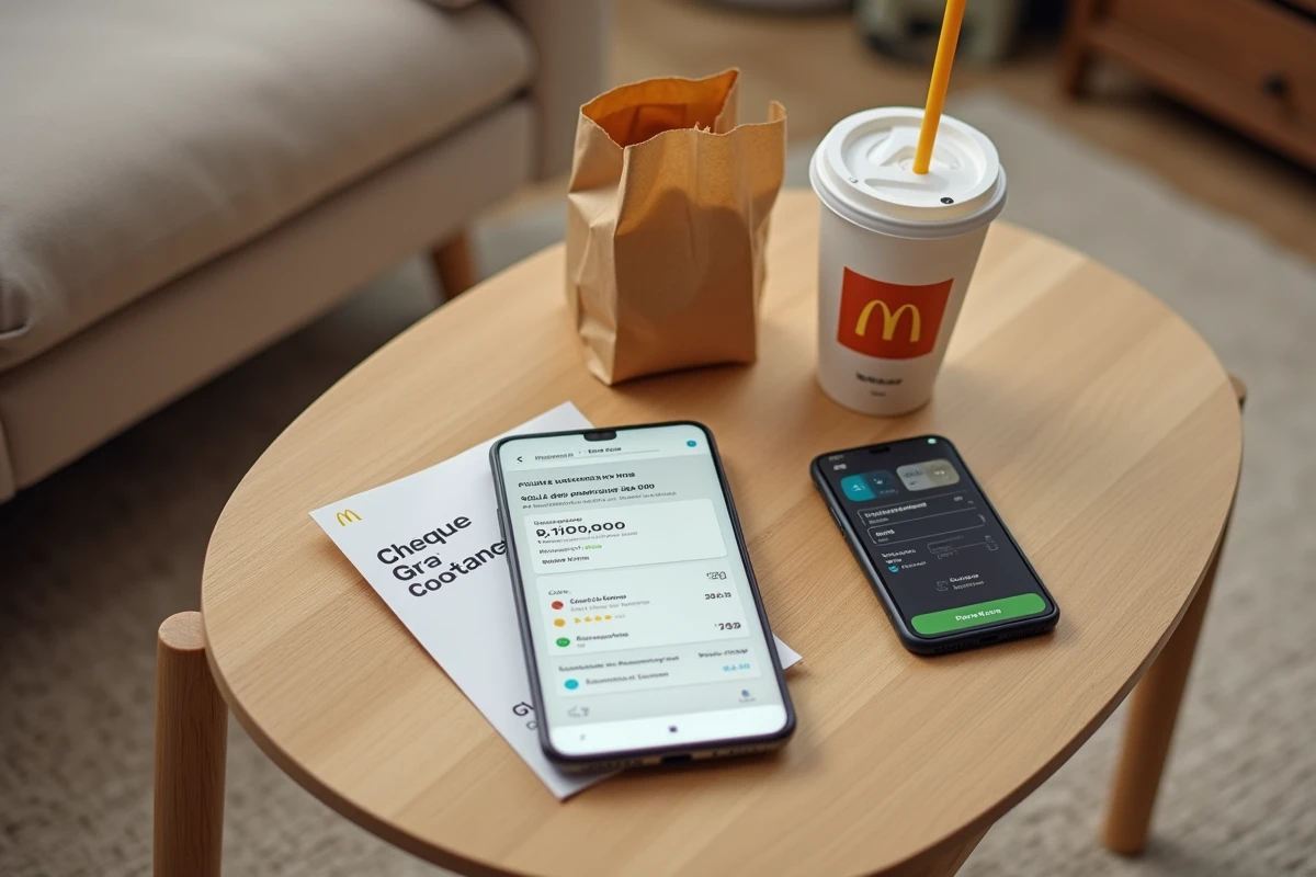 Chèque Vacances ANCV posé à côté d'un smartphone avec la page de commande McDonald's ouverte et un sac de livraison en arrière-plan