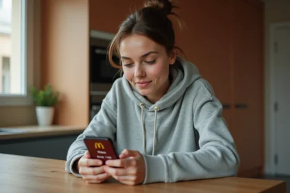 Femme consultant une application de livraison McDonald's sur son smartphone dans une cuisine moderne pour payer avec des Chèques Vacances