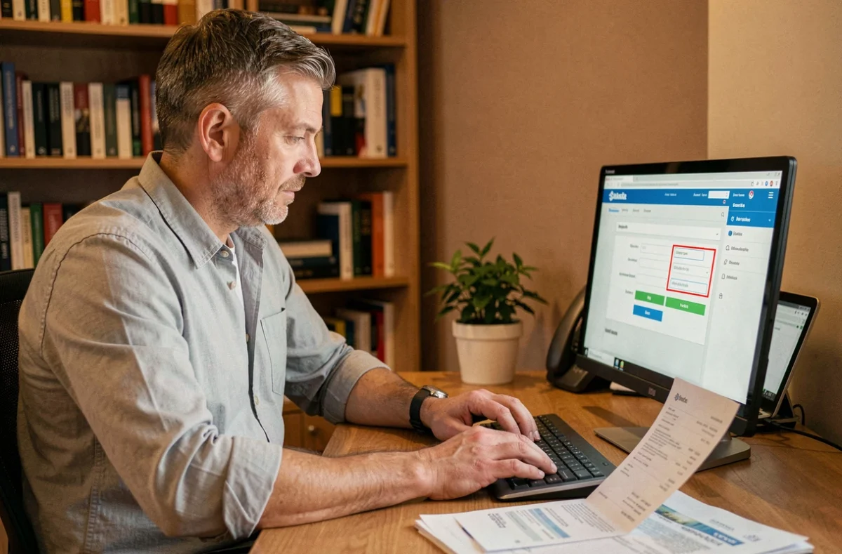 Homme consultant son interface de banque en ligne Crédit Agricole avec le code banque affiché sur l'écran depuis son bureau à domicile