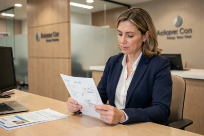 Femme cadre examinant un RIB Crédit Agricole avec le code banque mis en évidence dans une agence bancaire moderne