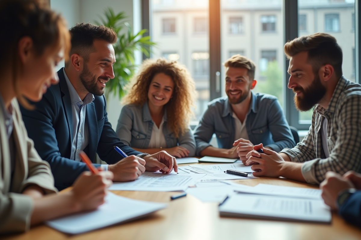 Groupe de collègues discutant autour d