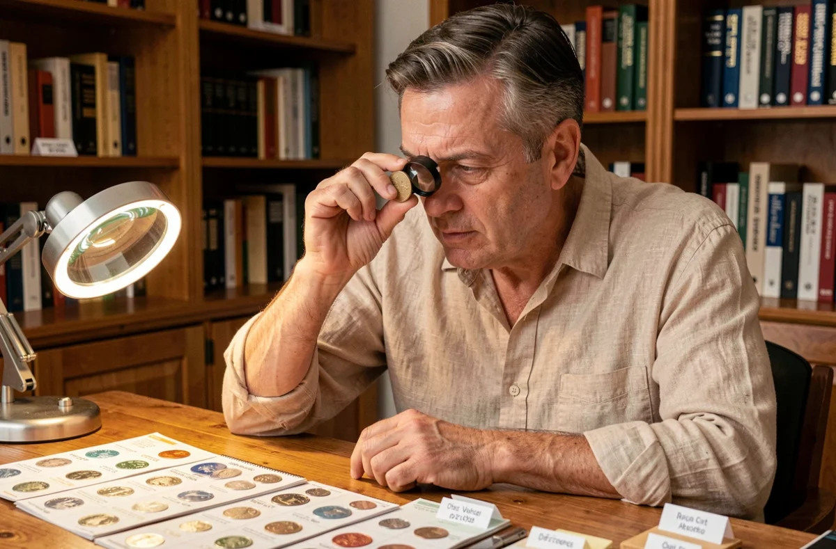 Collectionneur de pièces de monnaie examinant une pièce de 2 euros rare avec une loupe de bijoutier dans son bureau à domicile rempli de catalogues numismatiques