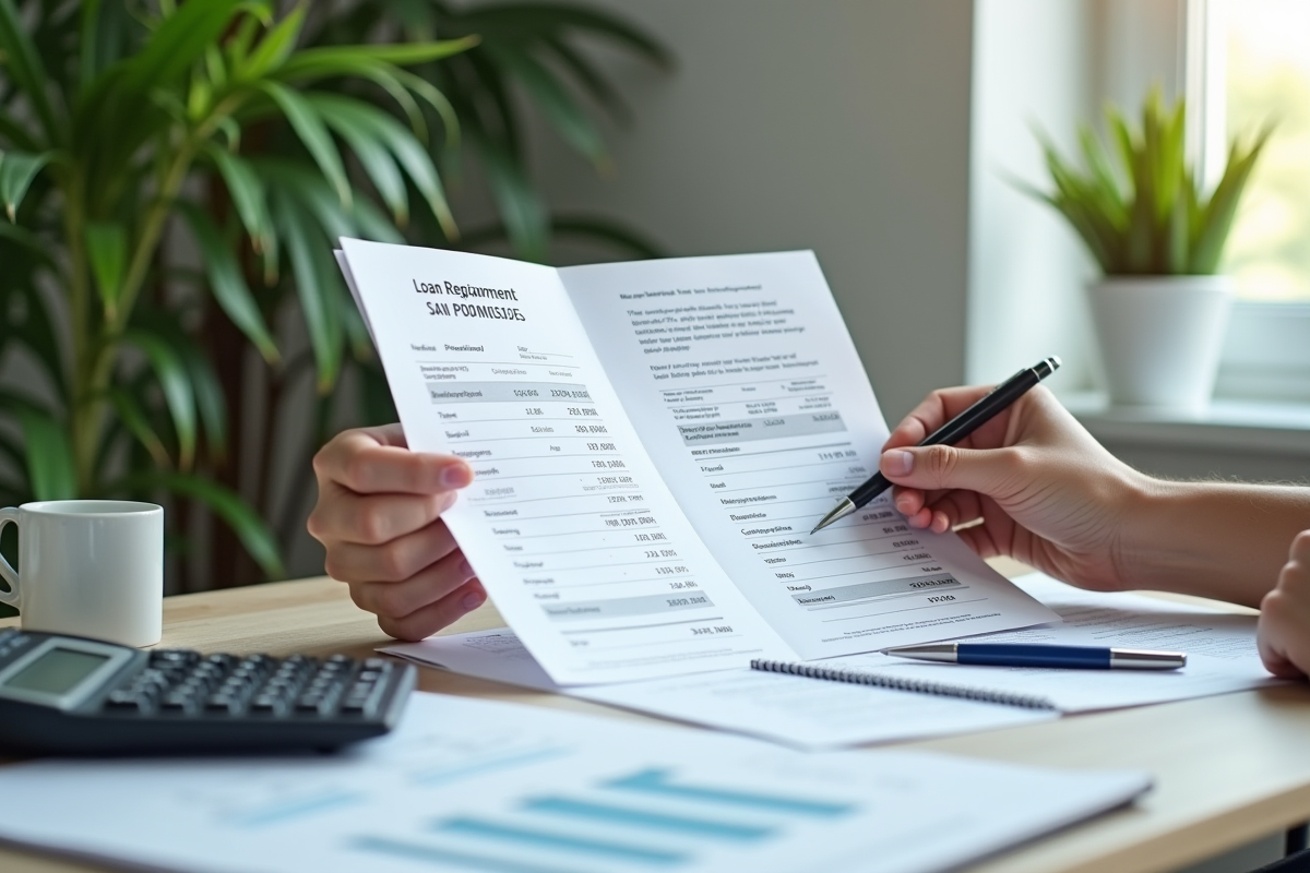 Personne comparant deux relevés de prêt avec calculatrice