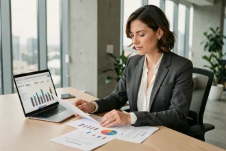 Femme d'affaires analysant des rapports de comparaison ROI entre réseaux sociaux sur son bureau en open-space
