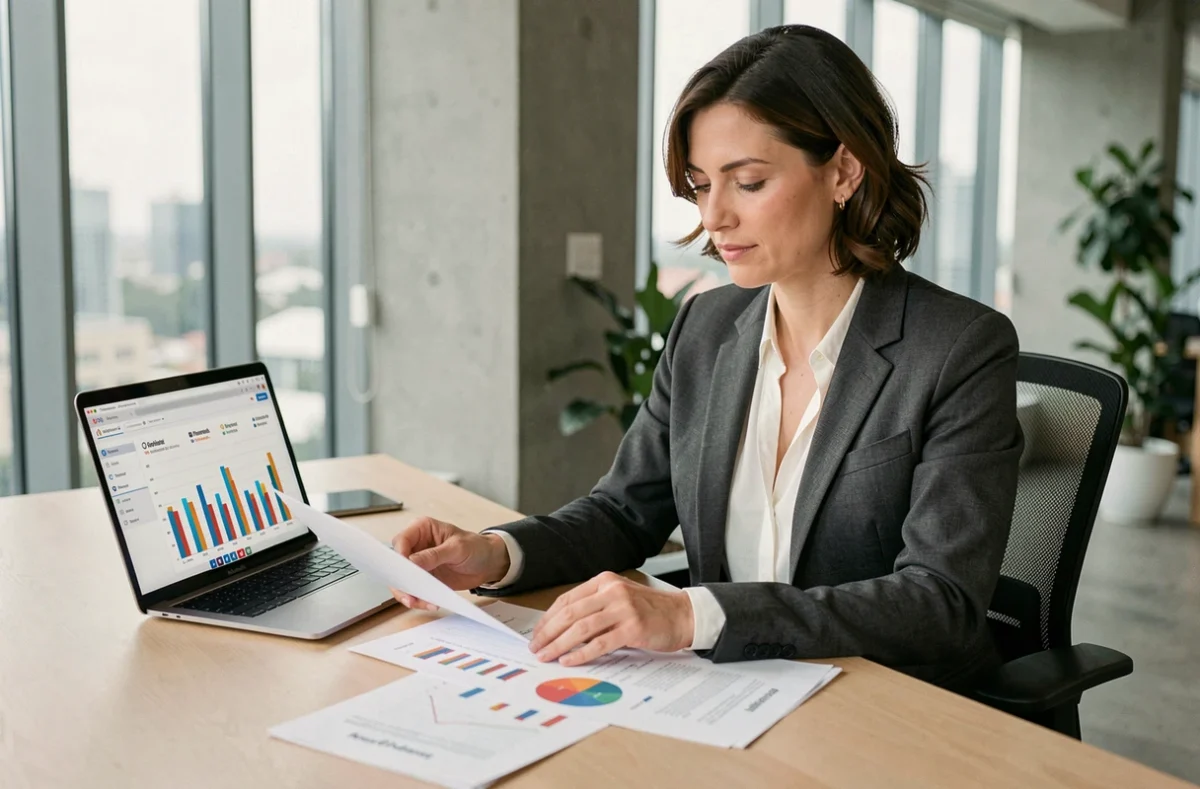 Femme d'affaires analysant des rapports de comparaison ROI entre réseaux sociaux sur son bureau en open-space