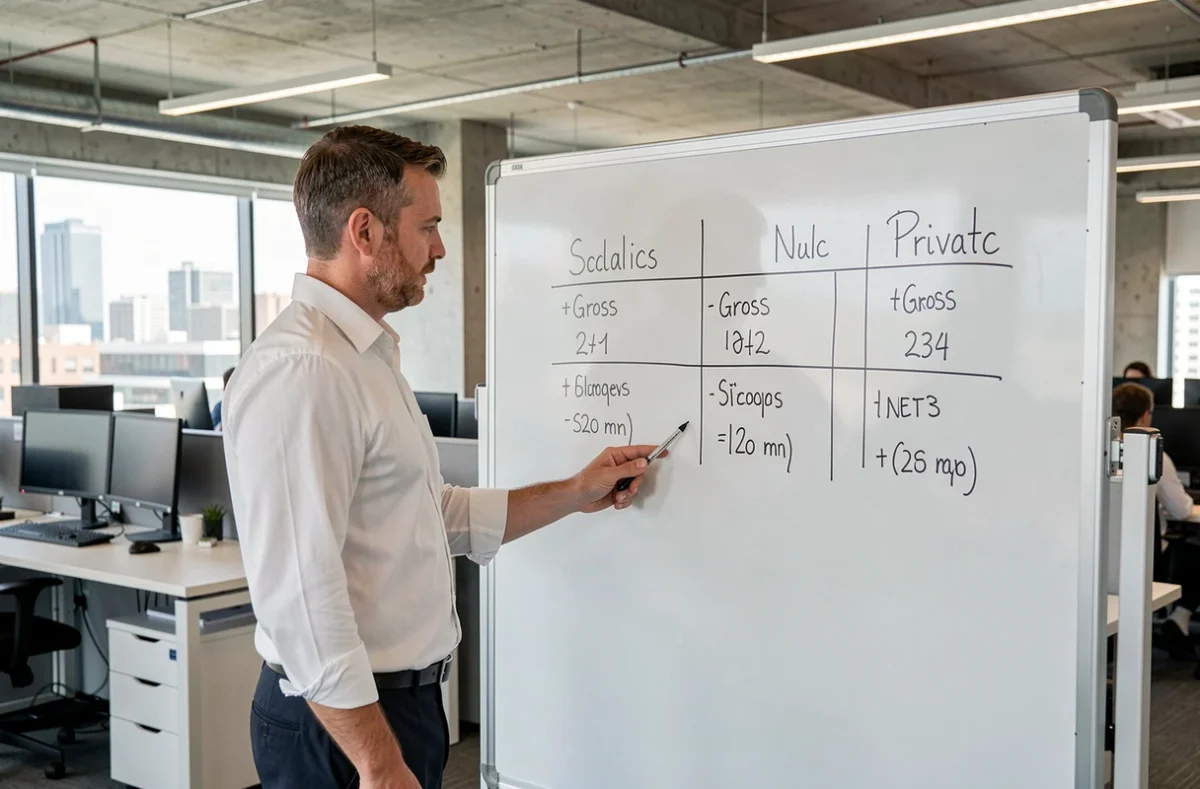 Employé du secteur privé présentant un tableau comparatif des salaires brut et net entre secteur public et privé en France