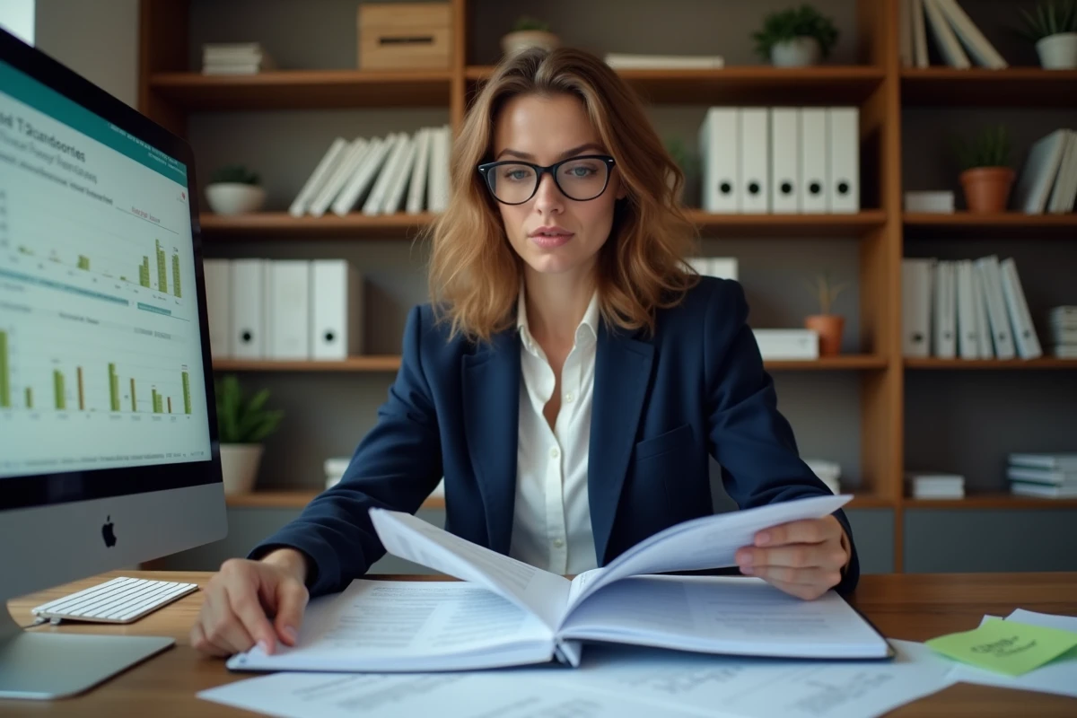 Comptable femme qui révise des documents financiers pour le bilan comptable 2026 dans un bureau professionnel