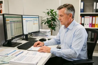 Comptable analysant des documents fiscaux liés aux heures supplémentaires sur un bureau professionnel