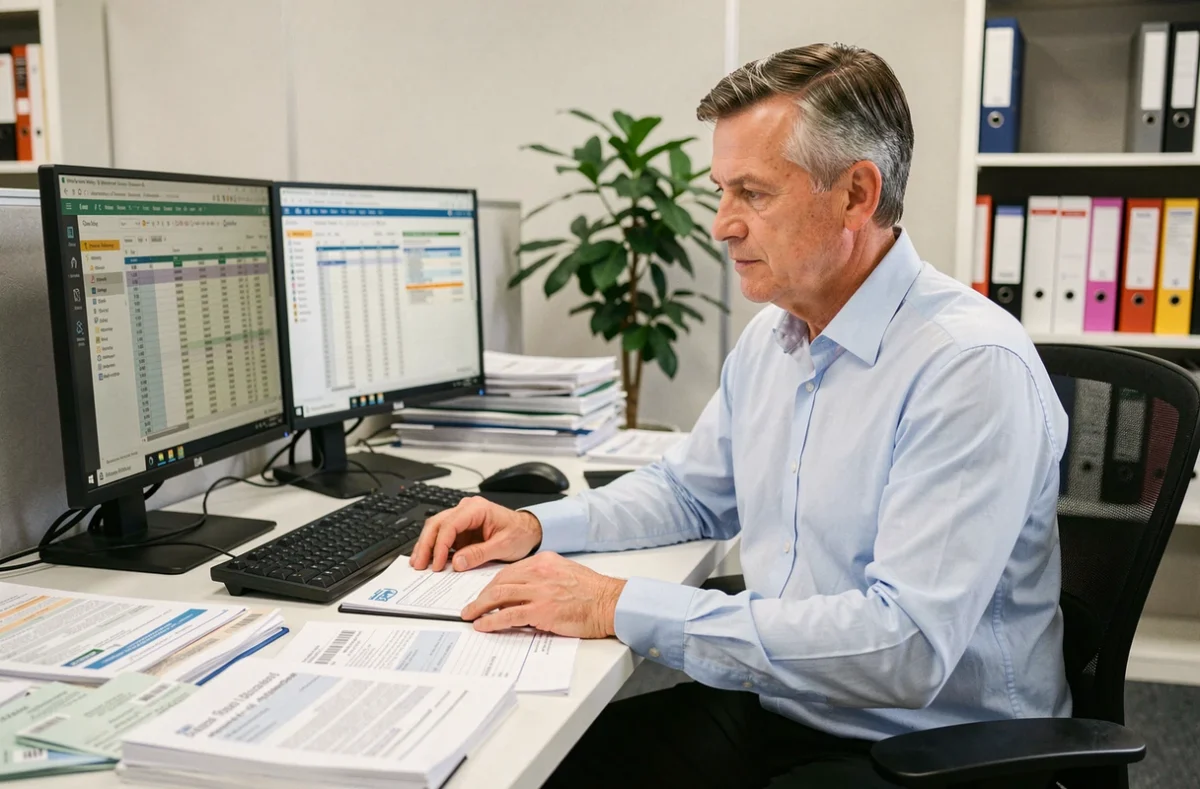 Comptable analysant des documents fiscaux liés aux heures supplémentaires sur un bureau professionnel