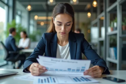 Comptable femme analysant des rapports de salaire dans un bureau moderne d'entreprise