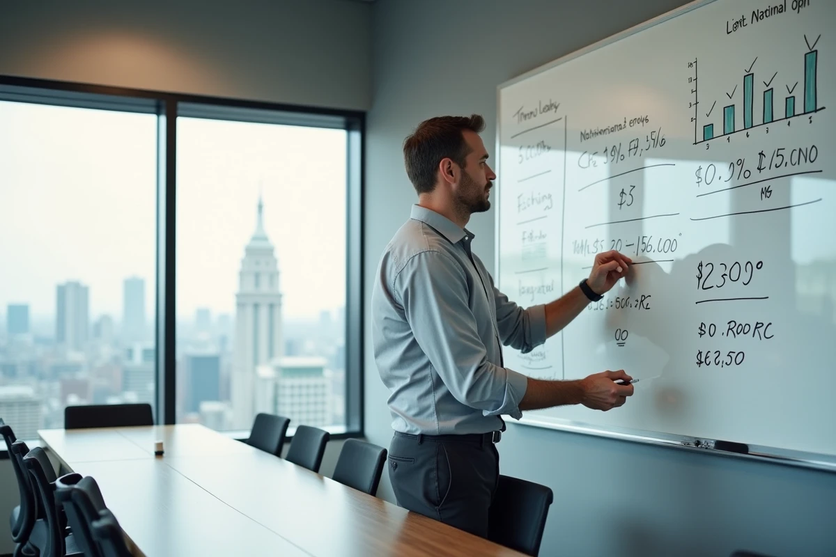 Professionnel de la comptabilité présentant des données de salaire moyen national sur un tableau blanc