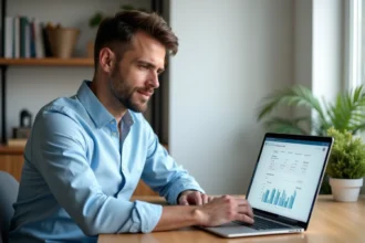 Homme consultant son compte Crédit Agricole Centre Loire en ligne sur un ordinateur portable depuis son bureau à domicile