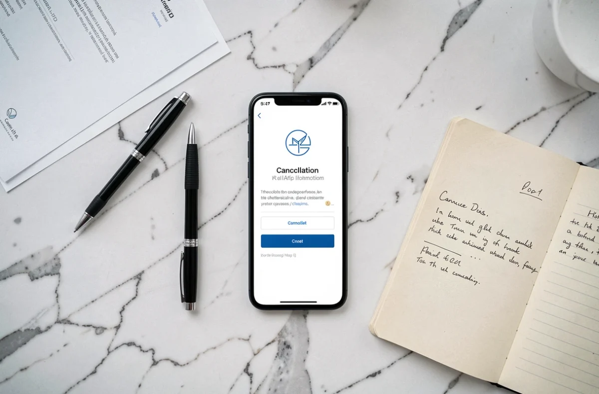 Vue aérienne d'un smartphone confirmant une résiliation d'abonnement avec des documents administratifs sur bureau en marbre