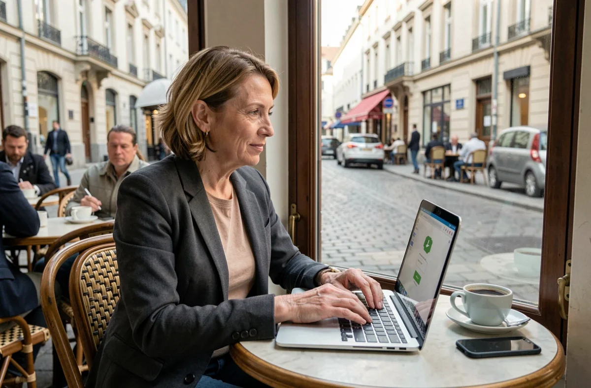 Femme française expatriée accédant à son espace CRCAFC depuis un café en Europe, ordinateur portable ouvert sur une page de connexion sécurisée