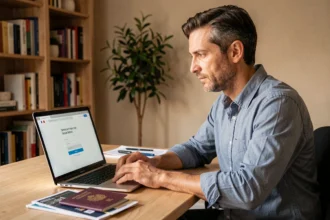 Homme connecté à son espace CRCAFC depuis un bureau à domicile à l'étranger, avec un passeport et des documents de voyage posés sur la table