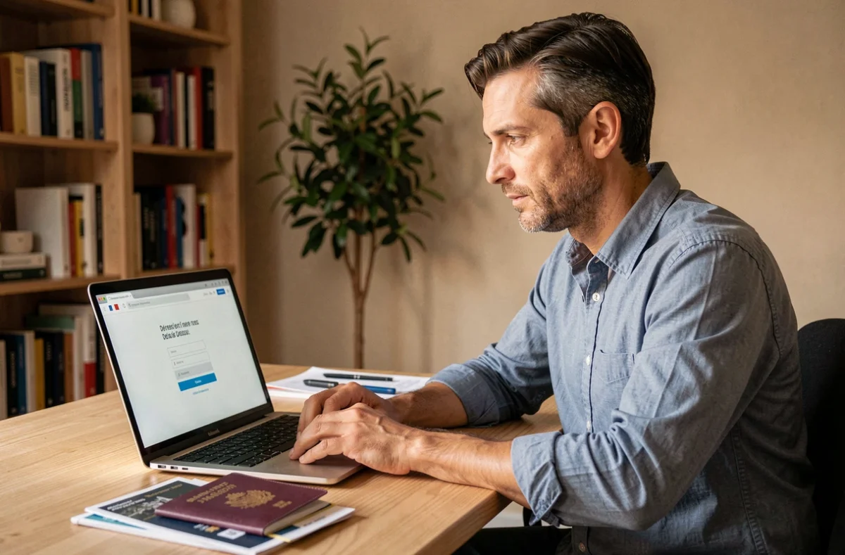 Homme connecté à son espace CRCAFC depuis un bureau à domicile à l'étranger, avec un passeport et des documents de voyage posés sur la table