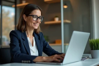 Femme professionnelle se connectant à son espace bancaire privé en ligne sur un ordinateur portable dans un bureau moderne