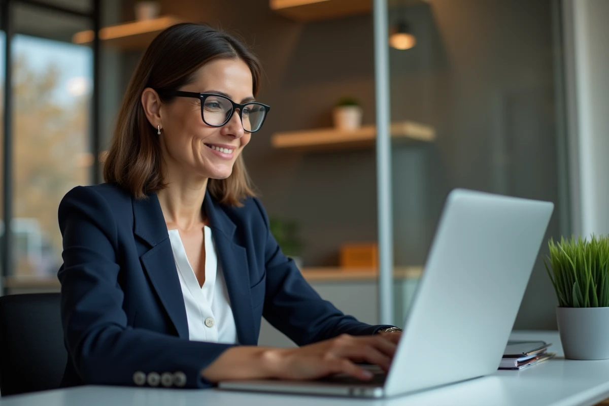 Femme professionnelle se connectant à son espace bancaire privé en ligne sur un ordinateur portable dans un bureau moderne