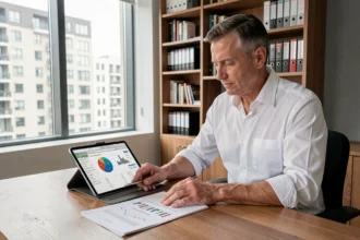Homme consultant des documents financiers sur un bureau moderne pour choisir un contrat d'assurance-vie adapté aux SCPI