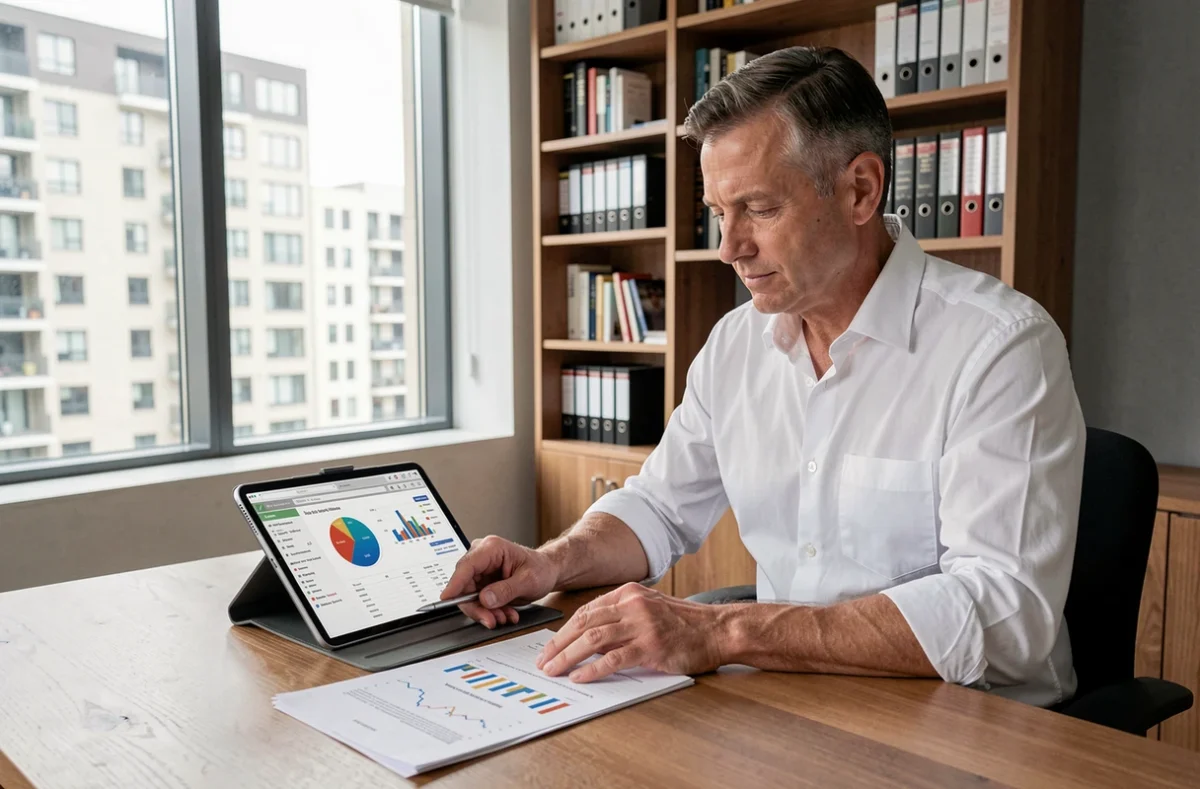 Homme consultant des documents financiers sur un bureau moderne pour choisir un contrat d'assurance-vie adapté aux SCPI