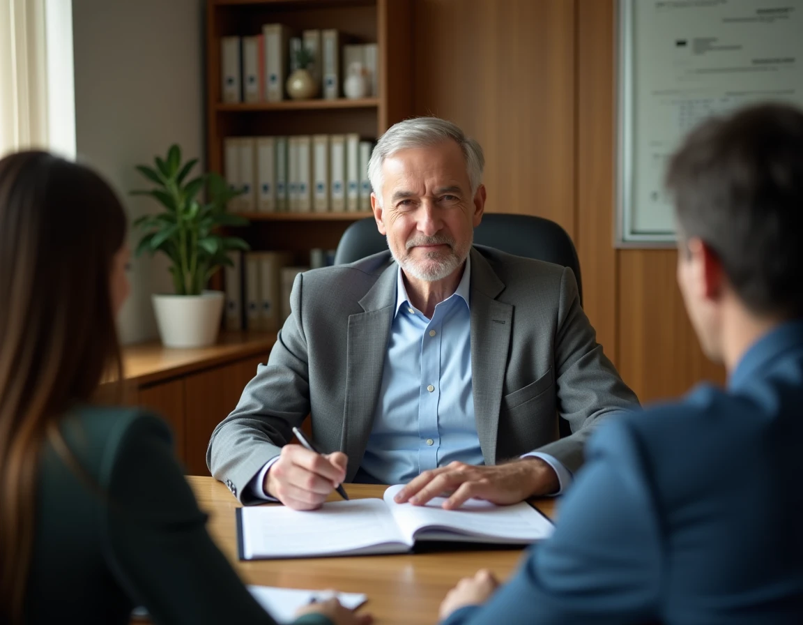 Conseiller en assurances présentant un contrat à des clients dans un bureau chaleureux avec boiseries en chêne et classeurs réglementaires