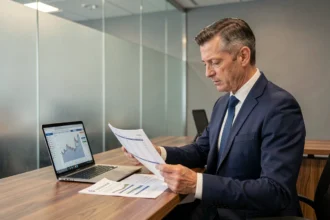 Conseiller bancaire examinant des documents de taux d'emprunt pour un investissement en SCPI