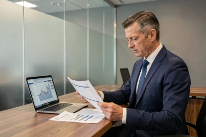 Conseiller bancaire examinant des documents de taux d'emprunt pour un investissement en SCPI