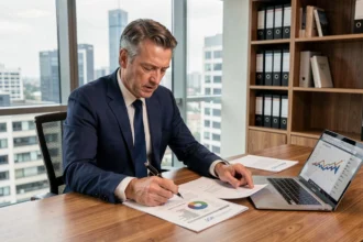 Conseiller financier analysant des documents de parts de SCPI dans un bureau professionnel moderne