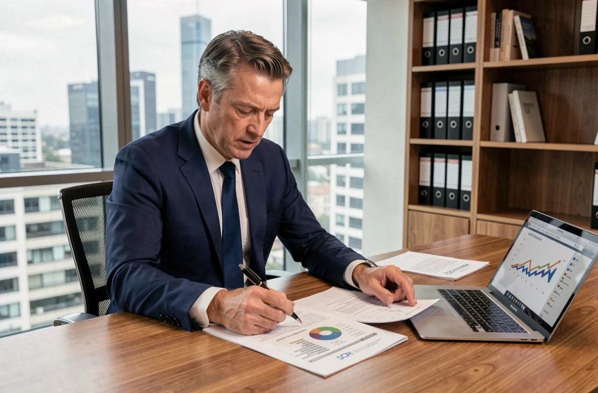 Conseiller financier analysant des documents de parts de SCPI dans un bureau professionnel moderne